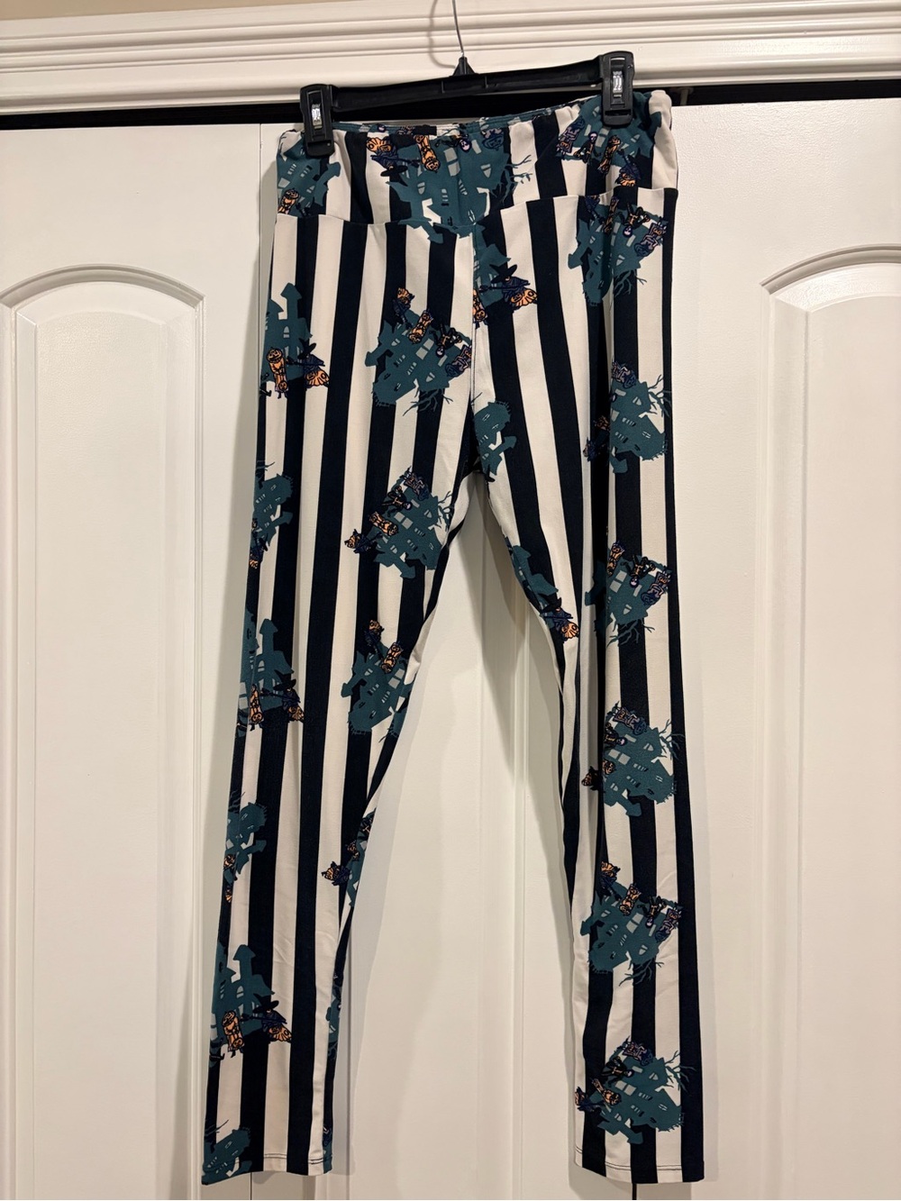 LulaRoe Striped Black & White women’s  Leggings with Teal Print- Tall and Curvy